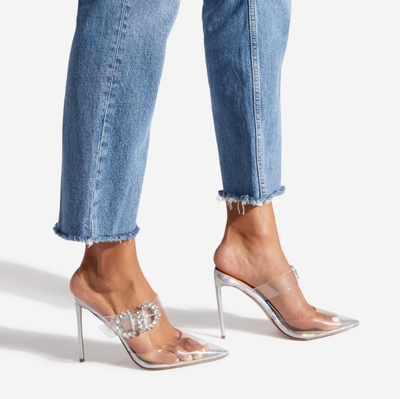 #NWT- CLEAR /SILVER SIZE 7.5 STILETTO HEELPOINTED TOE BUCKLE DETAIL - Picture 6 of 7